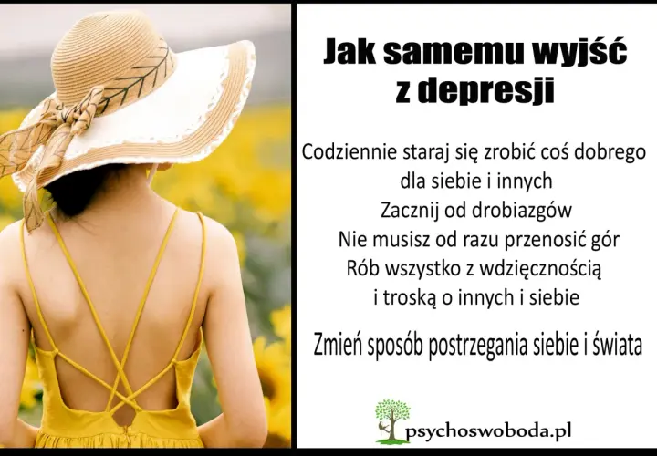Kobieta w słomkowym kapeluszu na tle słoneczników. Tekst podpowiada, jak samemu wyjść z depresji: małe kroki, wdzięczność i zmiana perspektywy.