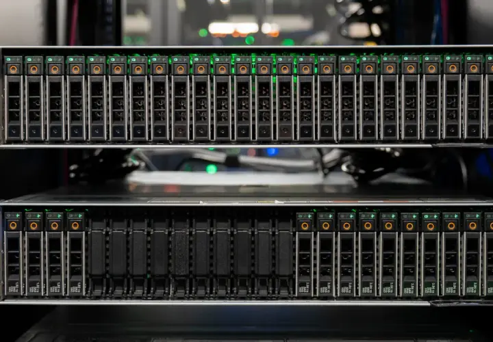Serveur avec plusieurs baies de disques SSD, toutes allumées en **full flash**. Les indicateurs verts brillent intensément.