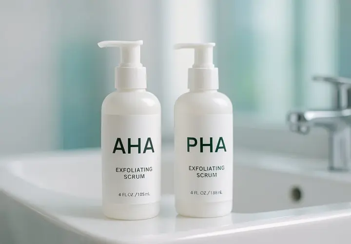Två vita pumptoppflaskor med AHA och PHA exfolierande serum står på en diskbänk. AHA syra för en strålande hud.