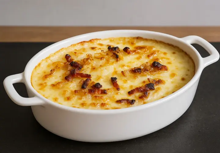 Un délicieux gratin de crozet reblochon, doré et gratiné, prêt à être dégusté.