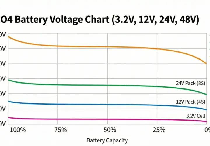 Wykres pokazuje zależność napięcia akumulatora LiFePO4 od jego pojemności. Linie reprezentują różne konfiguracje: 3.2V Cell, 12V Pack (4S), 24V Pack (8S) i 48V Pack (16S).