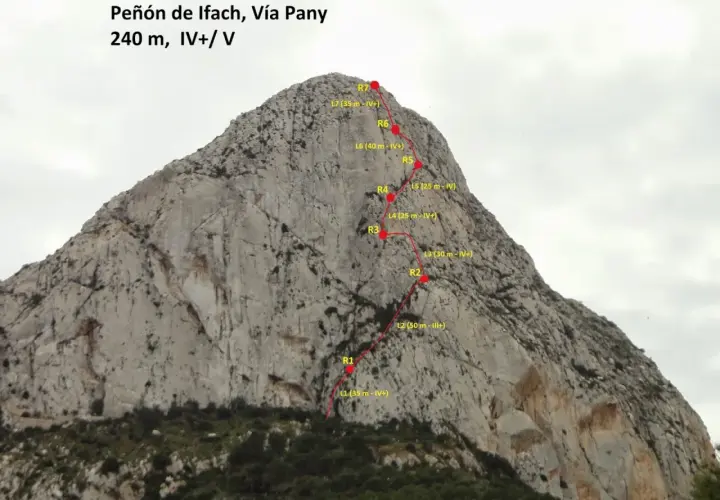 Ruta de escalada en el Peñón de Ifach, Vía Pany, con 7 largos marcados.