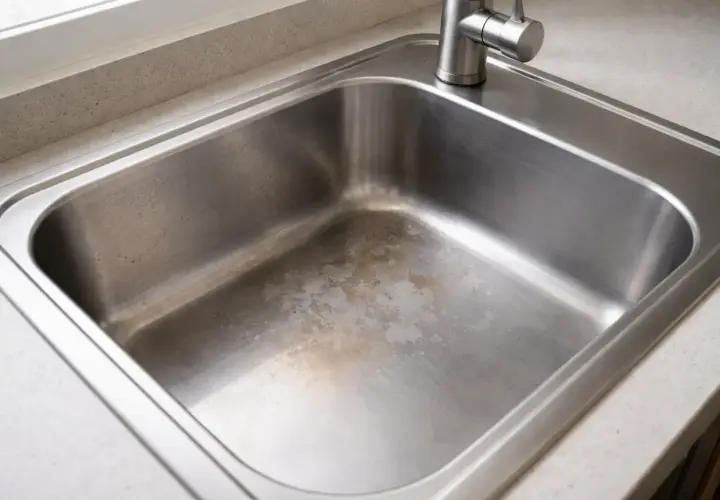 Éclaboussures de javel sur un évier en inox, laissant des marques blanchâtres et jaunâtres sur le métal.