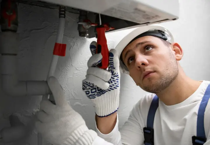 Fachowiec w białej rękawicy naprawia instalację, bo piec nie grzeje wody w bojlerze.