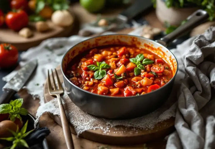 Une poêle remplie de sauce tomate maison, garnie de basilic frais. Des tomates et des herbes sont disposées autour.
