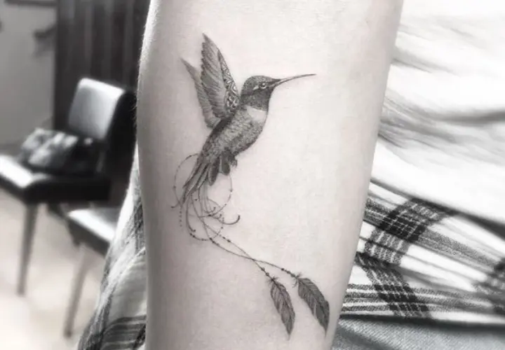 Delikatny tatuaż koliber z piórkami i kropkami, symbolizujący lekkość i wolność.