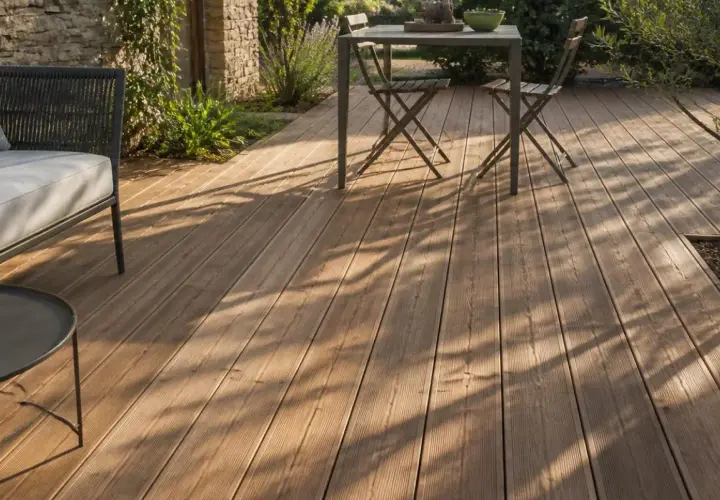 Terrasse en bois chaleureuse, idéale pour vos moments de détente. Le prix terrasse bois au m2 varie selon les essences et finitions.