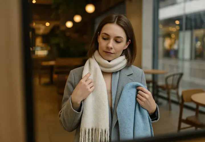 Kobieta w szarym płaszczu zastanawia się, jaki szalik do szarego płaszcza będzie najlepszy: kremowy czy błękitny.
