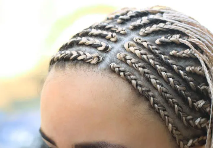 Primer plano de trenzas africanas rubias y castañas, peinado detallado y elegante.