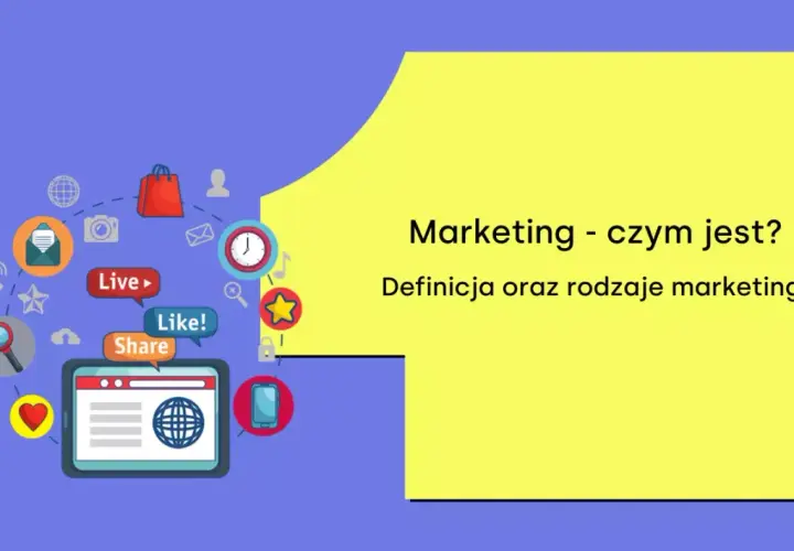 Grafika przedstawia ikony związane z marketingiem: koszyk, serce, lupę, telefon, zegar, chmurkę, kopertę, gwiazdkę, przyciski "Live", "Like!", "Share". Tekst: "Marketing - czym jest? Definicja oraz rodzaje marketingu".