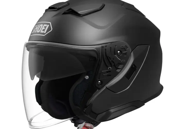Black Shoei jet helmet with clear visor and ventilation.