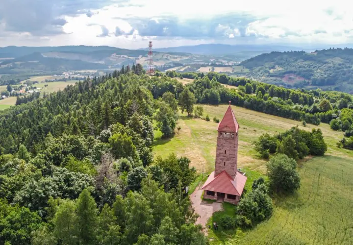 Kamienna wieża widokowa na wzgórzu, otoczona lasami i polami. Jedna z wielu wież widokowych na Dolnym Śląsku, oferująca piękne krajobrazy.