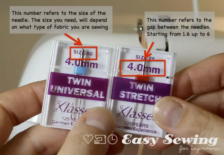 Hands hold twin needle packs, showing sizes 80 and 75. The gap between needles is also a key factor.