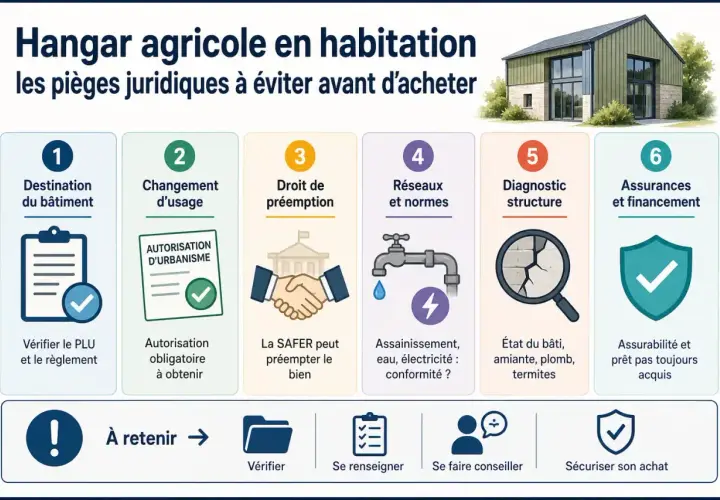 Infographie sur les pièges juridiques pour transformer un hangar agricole en habitation. Elle détaille 6 points clés : destination, changement d'usage, droit de préemption, réseaux, diagnostic et assurances.
