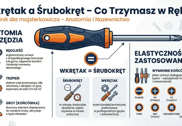 Ilustracja przedstawia różne rodzaje śrubokrętów i ich części, wyjaśniając różnice między "wkrętakiem" a "śrubokrętem" oraz typy końcówek.