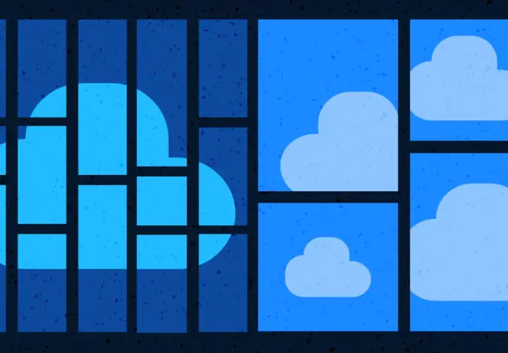 Un grand nuage bleu, symbole d'un cloud agnostique, se découpe à travers des rectangles sombres. D'autres nuages plus petits flottent dans des cadres bleus lumineux.