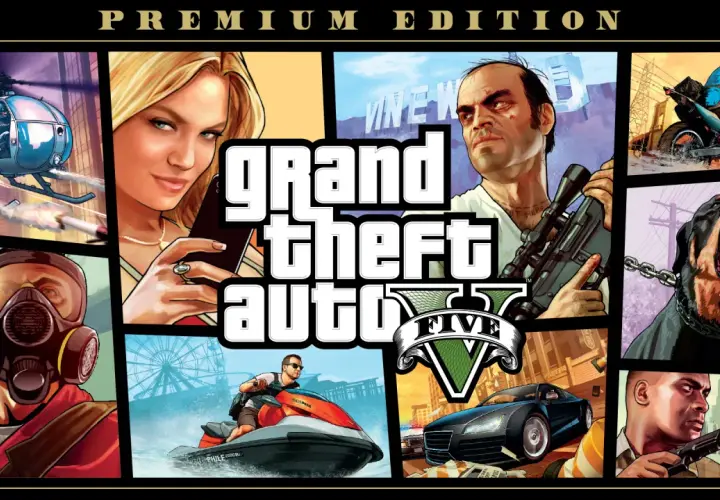 Okładka "Grand Theft Auto V Premium Edition" z postaciami, helikopterem, psem i samochodami. Szukasz GTA V za darmo?