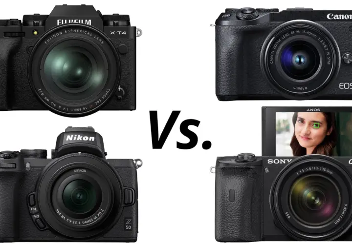 Cztery aparaty: Fujifilm X-T4, Canon EOS M, Nikon Z50 i Sony Alpha. Który konkurent Nikona wygra?