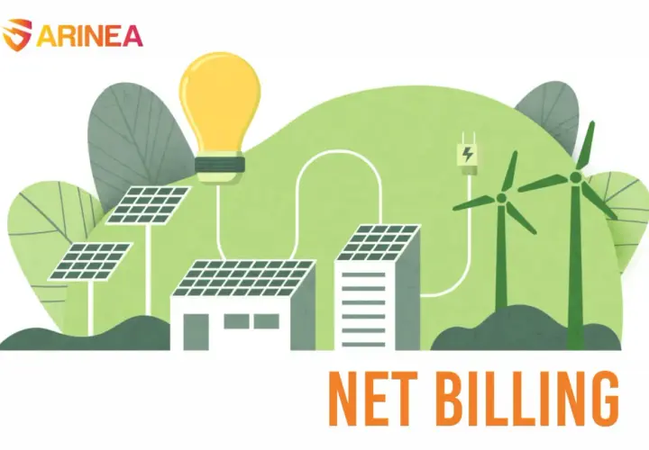 Ilustracja przedstawia dom z panelami słonecznymi i turbinami wiatrowymi, symbolizującymi prosumenta i odnawialne źródła energii.