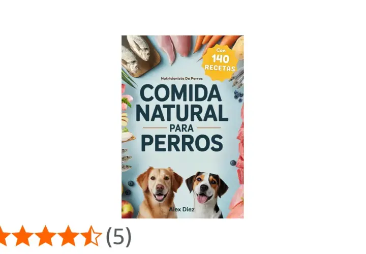 Descubre cuál es la mejor comida natural para perros con este libro que incluye 140 recetas. Dos perros felices protagonizan la portada.