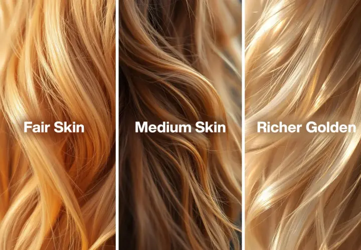 Tres tonos de cabello rubio dorado miel: para piel clara, media y dorada más rica.
