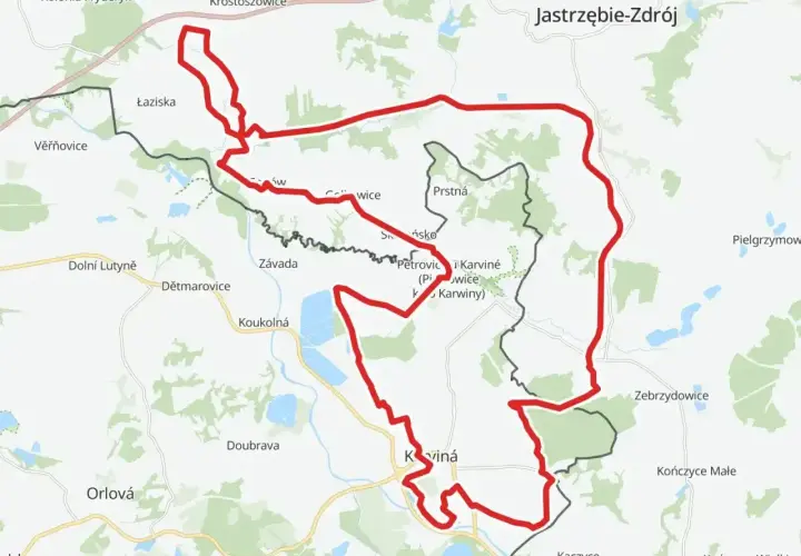 Mapa z zaznaczonymi trasami rowerowymi wokół Karwiny i Jastrzębia-Zdroju.
