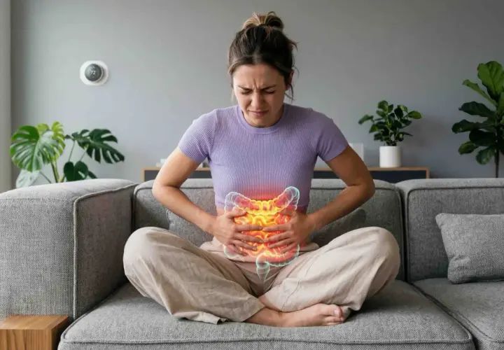 Donna seduta sul divano con le mani sull'addome, soffre di mal di pancia e diarrea. L'immagine mostra un'illustrazione del suo intestino infiammato.
