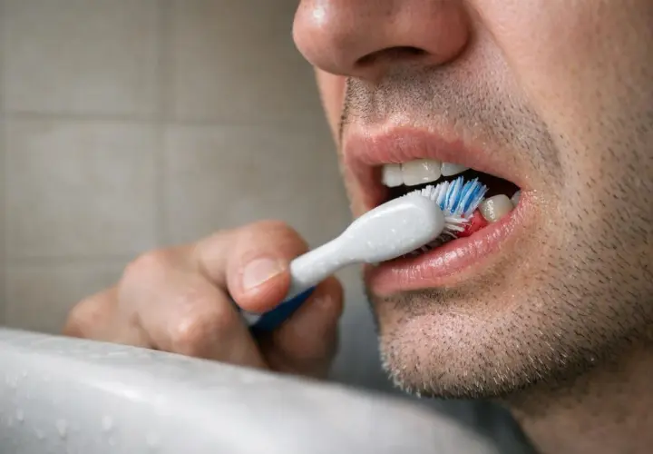 Primo piano di un uomo che si lava i denti subito dopo mangiato, con spazzolino e dentifricio.