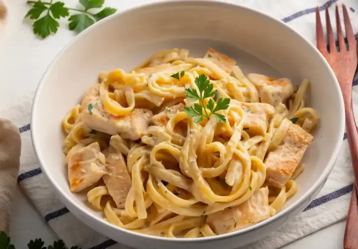 Pyszne makaron alfredo z kawałkami kurczaka w kremowym sosie, udekorowane natką pietruszki.