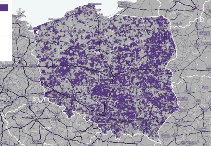 Mapa zasięgu sieci komórkowej w Polsce. Fioletowe plamy pokazują, który operator ma największy zasięg.