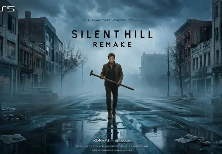 Mroczna ulica w Silent Hill, zniszczone budynki i samochody. W centrum stoi mężczyzna z rurą, gotowy na koszmar w **Silent Hill 1 remake**.
