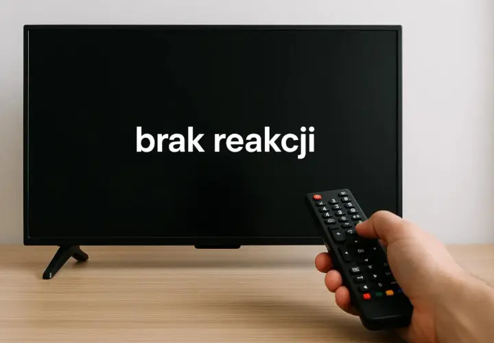 Ręka trzyma pilot do LEDów, ekran pokazuje "brak reakcji". Może to być sygnał, że trzeba dowiedzieć się, jak zresetować pilot do ledów.