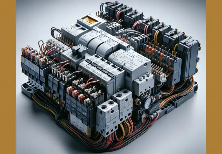 Złożony panel elektryczny z bezpiecznikami, przekaźnikami i przewodami.