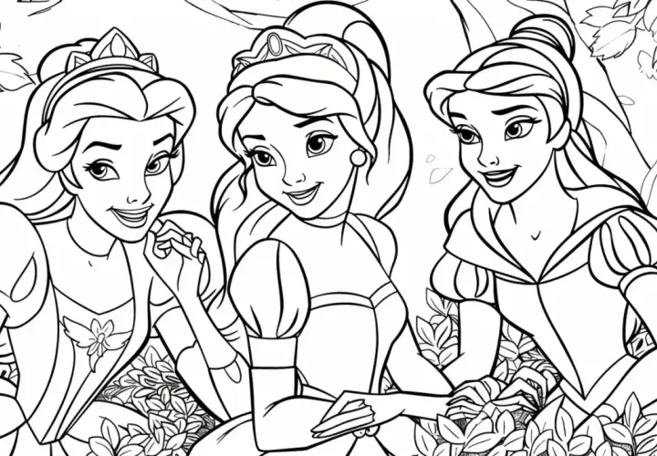 Tres dibujos de princesas sonrientes con tiaras, rodeadas de flores y hojas, listas para ser coloreadas.