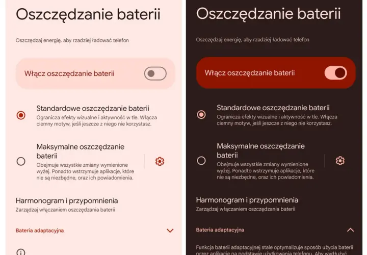 Dwa ekrany telefonu z opcjami oszczędzania baterii. Po lewej jasny motyw, po prawej ciemny. Oba pokazują przełącznik "Włącz oszczędzanie baterii" oraz opcje "Standardowe" i "Maksymalne".