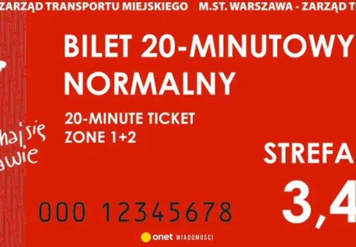 Bilet 20 minutowy normalny na strefę 1+2 w Warszawie. Cena 3,40 zł.