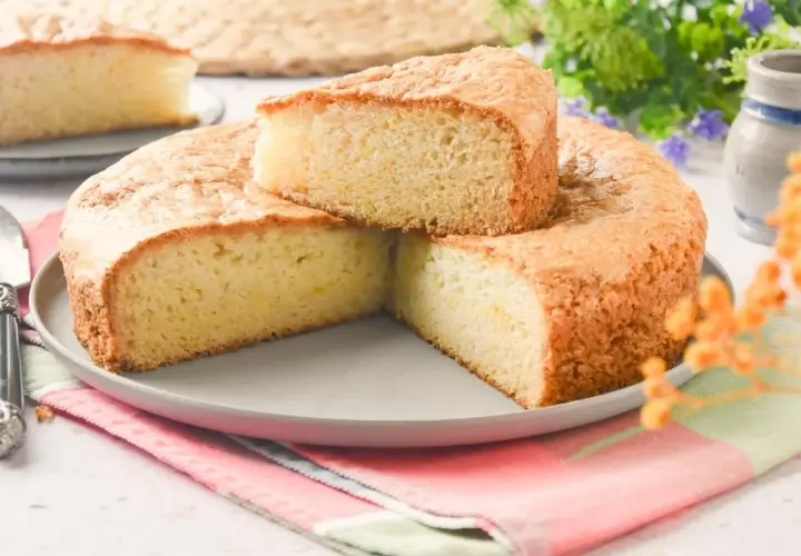 Bizcocho sin huevo esponjoso y dorado, servido en plato gris con servilleta colorida. Perfecto para un postre ligero.