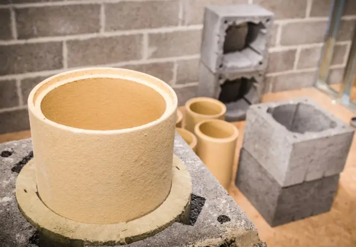 Ceramiczne wkłady kominowe w różnych rozmiarach, gotowe do montażu. Obok betonowe elementy konstrukcyjne.