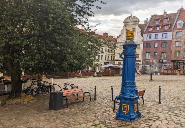 Niebieska fontanna z herbem na brukowanym rynek Szczecin. Drzewo, ławki i rowery tworzą spokojną atmosferę.