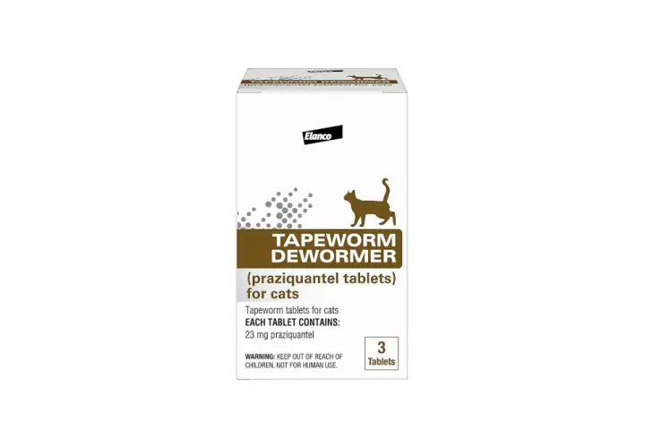 Box of Elanco Tapeworm Dewormer (praziquantel tablets) for cats, containing 3 tablets, each with 23 mg praziquantel.