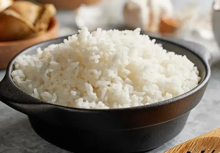 Un bol de riz blanc moelleux, prêt à être dégusté. Saviez-vous pourquoi rincer le riz avant cuisson ? Cela enlève l'excès d'amidon pour un résultat plus léger.