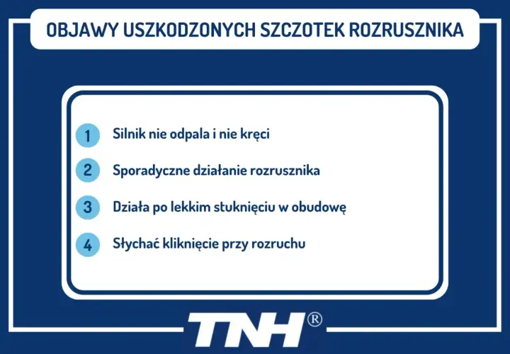 Objawy uszkodzonych szczotek rozrusznika w aucie: silnik nie odpala, sporadyczne działanie, działa po stuknięciu, słychać kliknięcie.