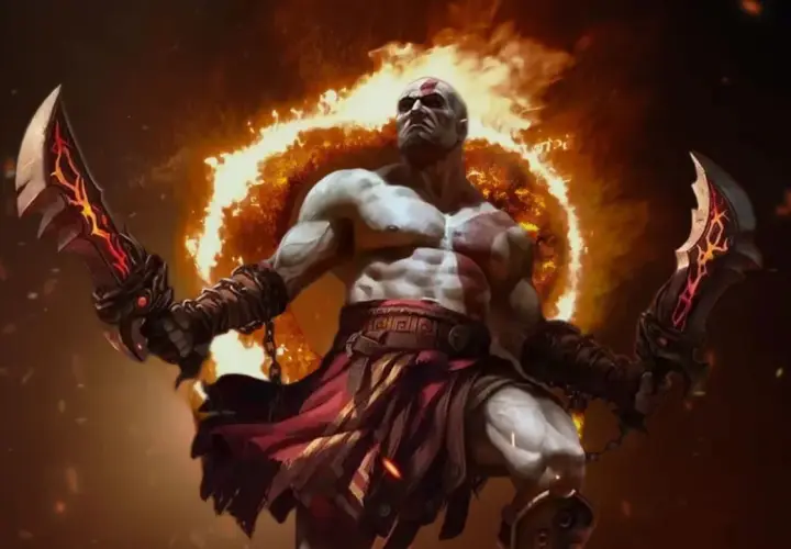 Kratos z płonącymi ostrzami, otoczony ogniem, w epickiej scenie god of war remake.