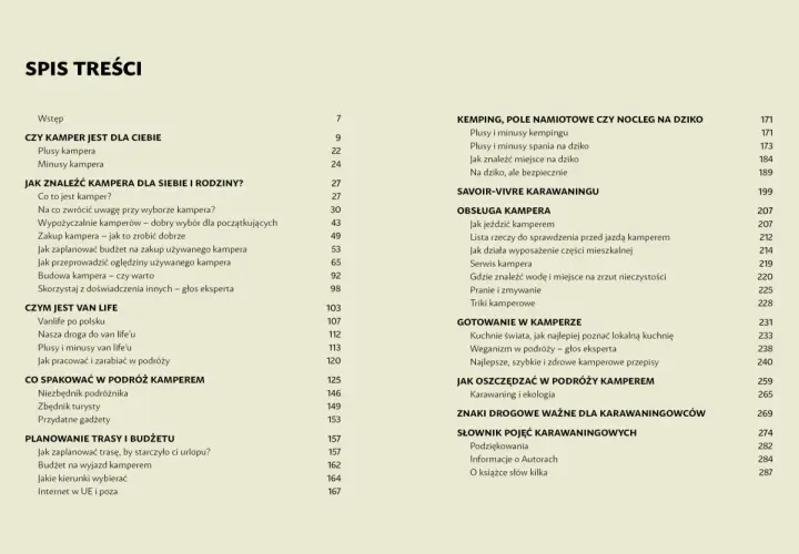 Spis treści: co zabrać do kampera, jak znaleźć kampera, van life, gotowanie, planowanie trasy i budżetu.