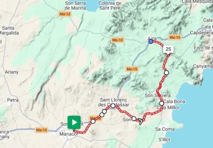 Karte von Mallorca mit einer roten Route von Artà über Son Servera nach Manacor. Die "Via Verde Mallorca" führt durch malerische Orte.