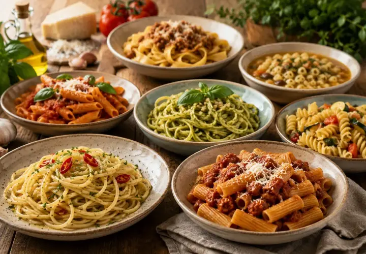Różnorodne dania z makaronem, idealne co do makaronu: spaghetti z chili, penne z sosem pomidorowym, zielony makaron z pesto, fusilli z warzywami i tagliatelle z mięsem.