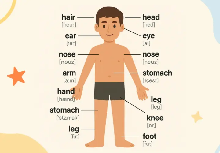 Chłopiec z etykietami części ciała po angielsku: hair, ear, nose, arm, hand, stomach, leg, head, eye, leg, knee, foot. Nauka części mowy po angielsku.