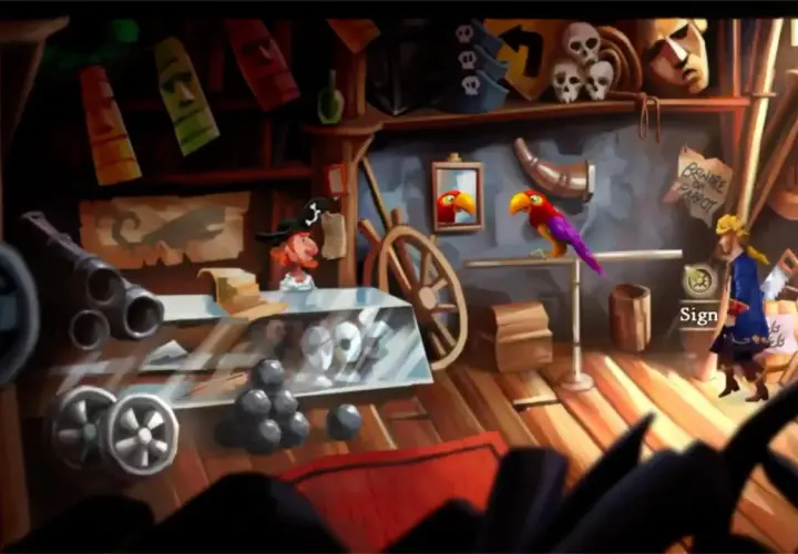 W sklepie z pamiątkami w Monkey Island 2 pirat rozmawia z papugą.
