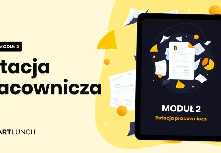 Ebook o rotacji pracowniczej. Grafika przedstawia tablet z dokumentami i wykresami, symbolizującymi fluktuację.