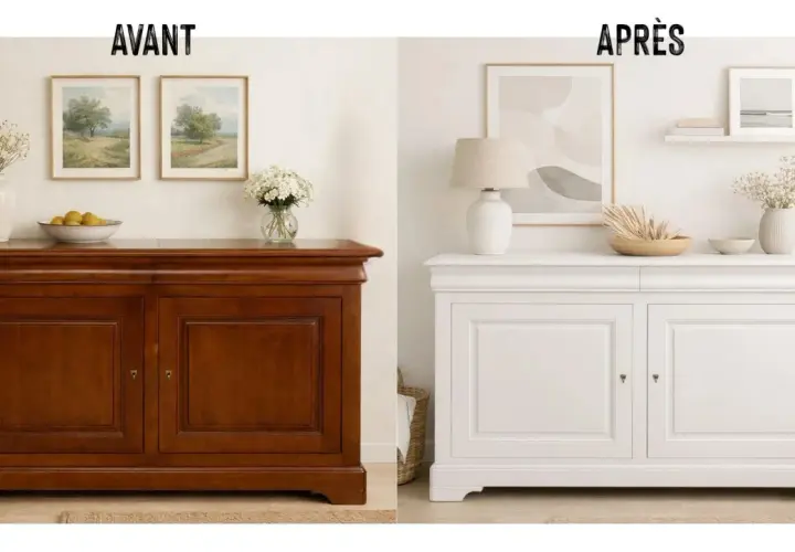 Avant/Après : une commode en bois sombre transformée par une rénovation meuble bois en blanc lumineux, modernisant l'espace.
